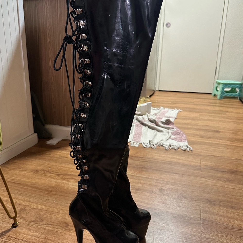 Pleaser Black Patent Lace-Up Over-The-Knee Platform Boots - Picture 2 of 6